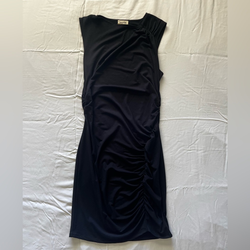CLEARANCE - Open Edit Black Cocktail Dress with Ruching Details (Medium)